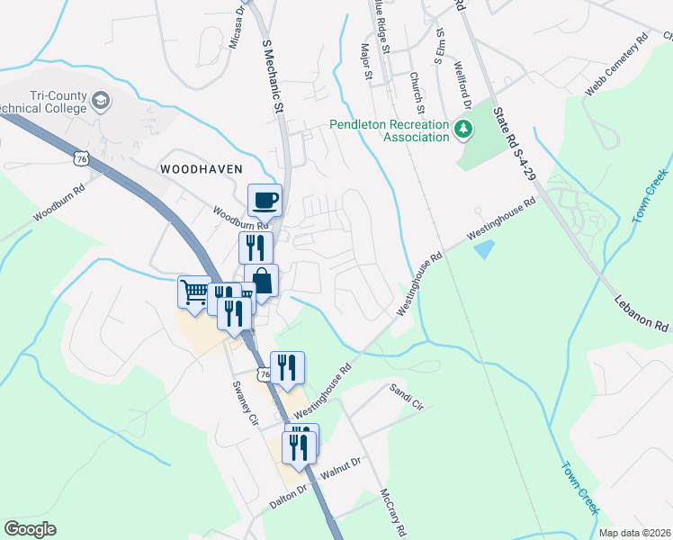 map of restaurants, bars, coffee shops, grocery stores, and more near 321 Sliding Rock Drive in Pendleton