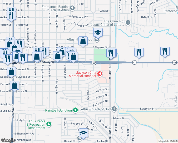 map of restaurants, bars, coffee shops, grocery stores, and more near 1044 East Walnut Street in Altus