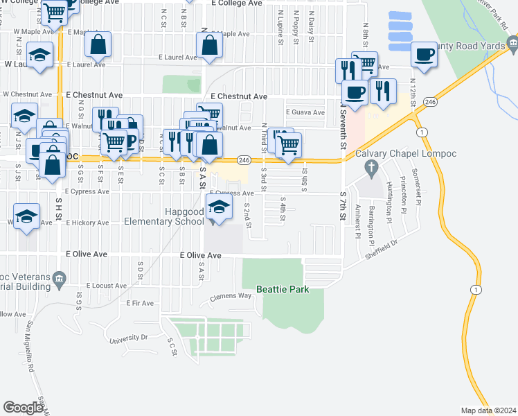 map of restaurants, bars, coffee shops, grocery stores, and more near 213 South 3rd Street in Lompoc