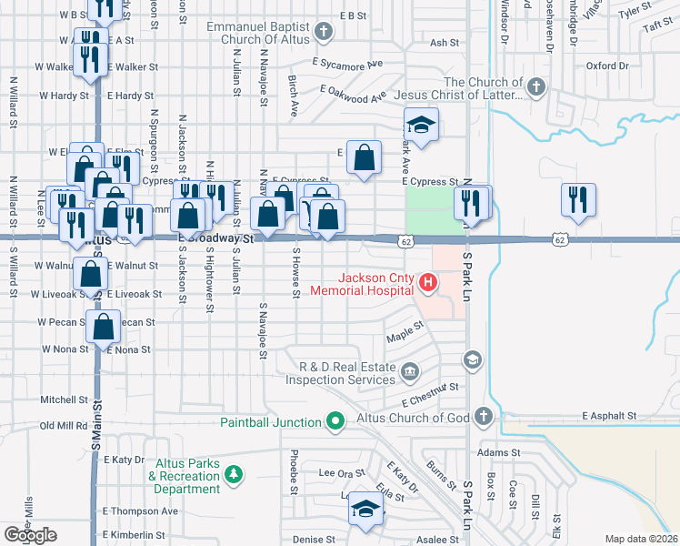 map of restaurants, bars, coffee shops, grocery stores, and more near 918 East Walnut Street in Altus
