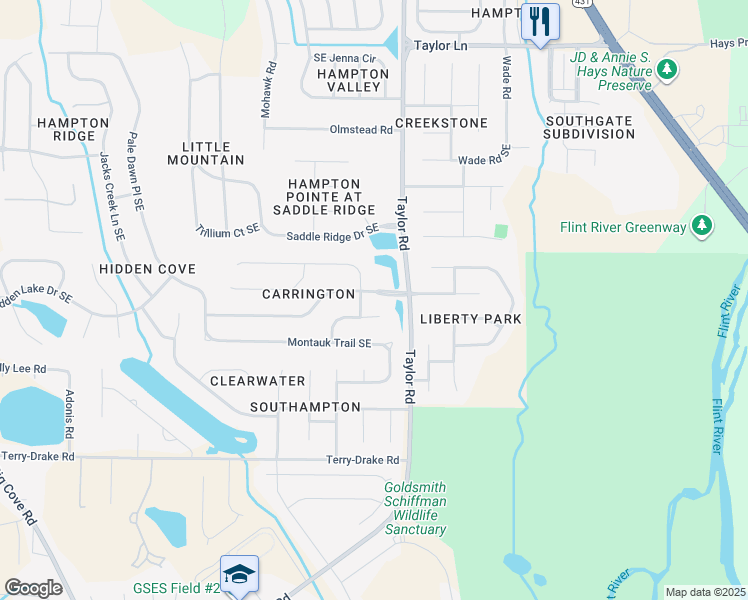 map of restaurants, bars, coffee shops, grocery stores, and more near 4802 Carrington Boulevard Southeast in Owens Cross Roads