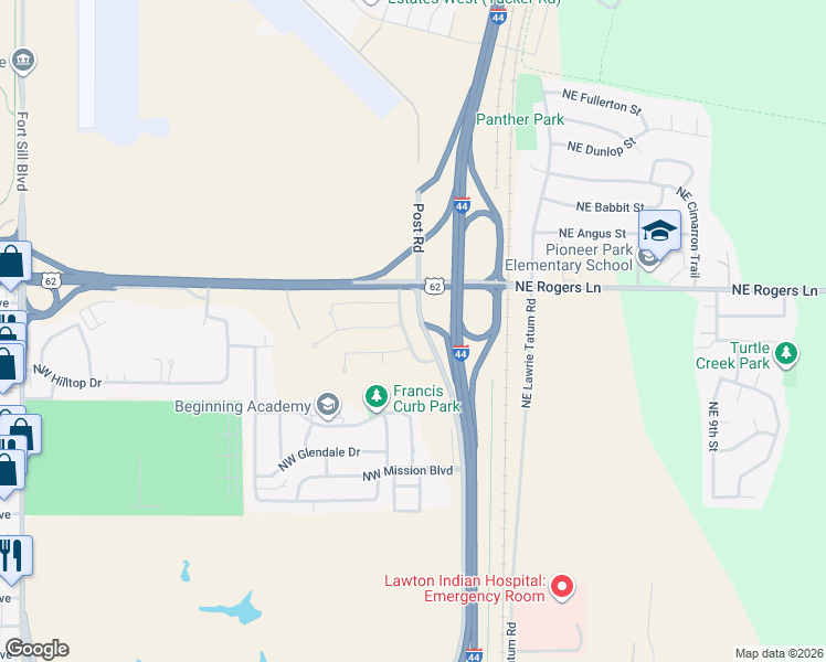 map of restaurants, bars, coffee shops, grocery stores, and more near 2803 Northwest Morningside Drive in Lawton
