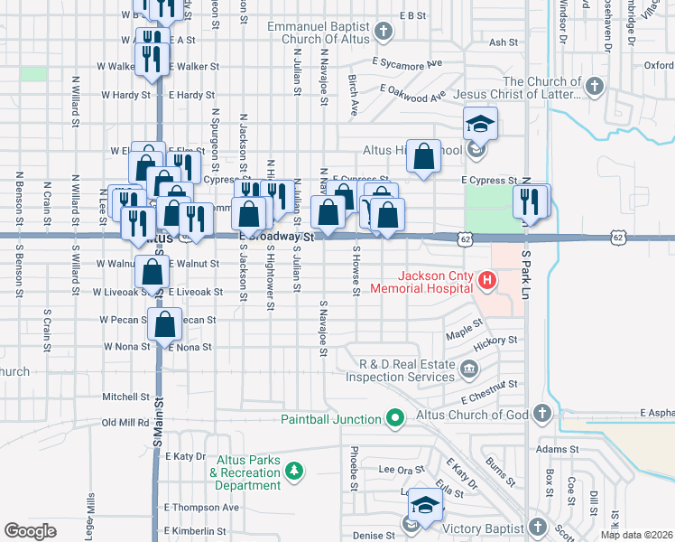 map of restaurants, bars, coffee shops, grocery stores, and more near 710 East Walnut Street in Altus