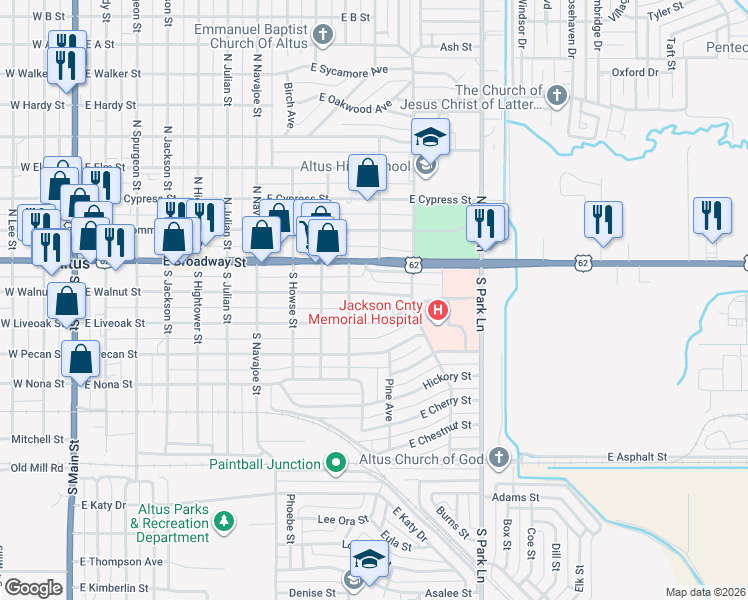 map of restaurants, bars, coffee shops, grocery stores, and more near 1020 East Walnut Street in Altus
