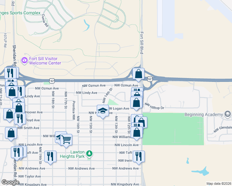 map of restaurants, bars, coffee shops, grocery stores, and more near 1319 Northwest Carroll Drive in Lawton