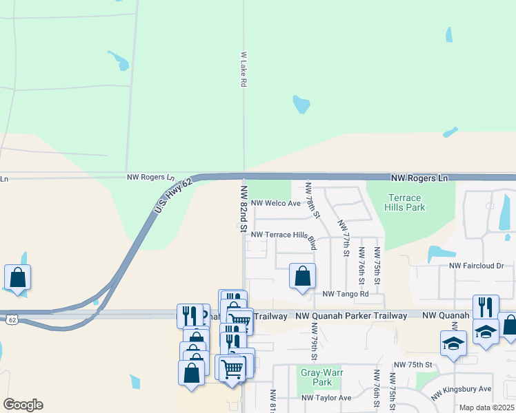 map of restaurants, bars, coffee shops, grocery stores, and more near 7828 Northwest Welco Avenue in Lawton