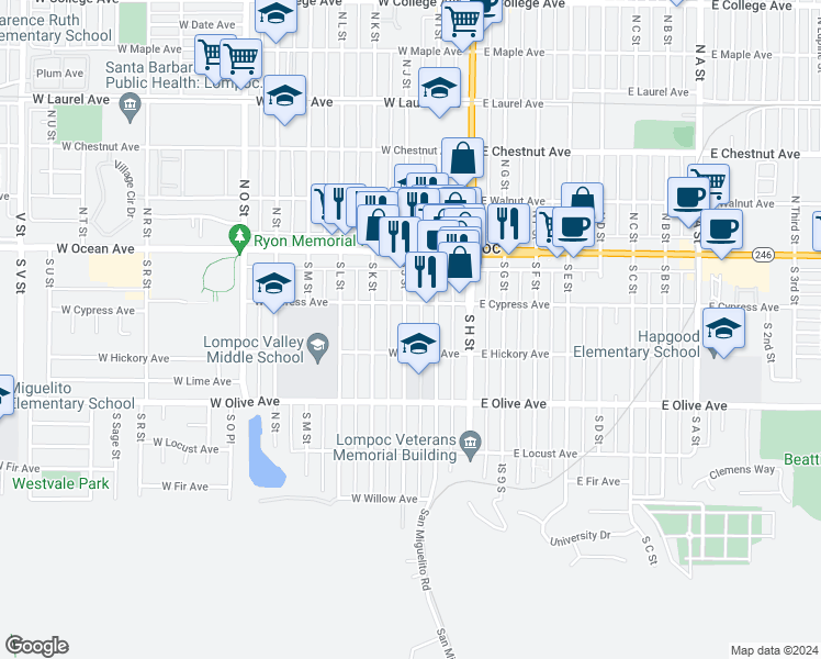 map of restaurants, bars, coffee shops, grocery stores, and more near 220 South J Street in Lompoc