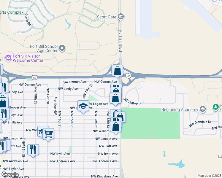 map of restaurants, bars, coffee shops, grocery stores, and more near 2820 Mobley Street Northwest in Lawton