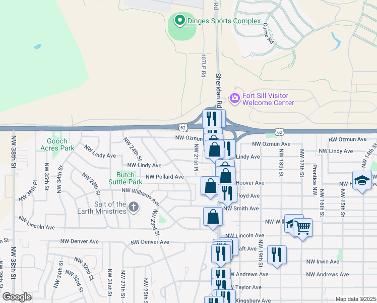 map of restaurants, bars, coffee shops, grocery stores, and more near 2132 Northwest Carroll Avenue in Lawton