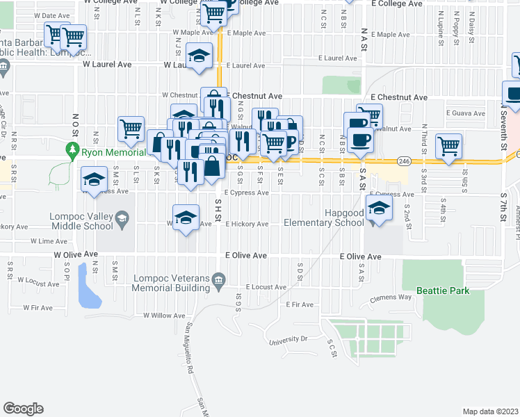 map of restaurants, bars, coffee shops, grocery stores, and more near 220 South F Street in Lompoc