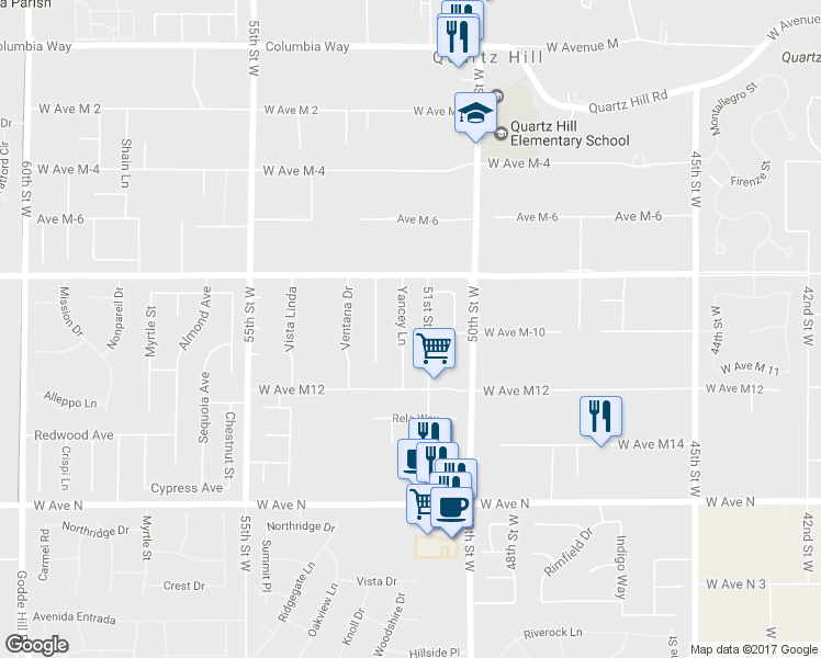 map of restaurants, bars, coffee shops, grocery stores, and more near 41504 Yancey Lane in Lancaster