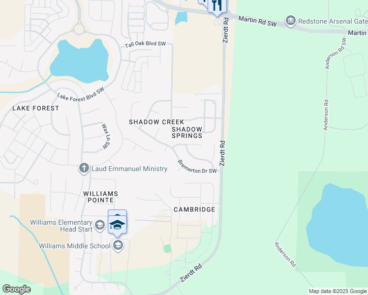 map of restaurants, bars, coffee shops, grocery stores, and more near 129 Wallhaven Dr SW in Huntsville