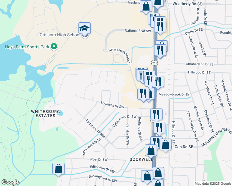 map of restaurants, bars, coffee shops, grocery stores, and more near 1922 Edenton Dr SW in Huntsville