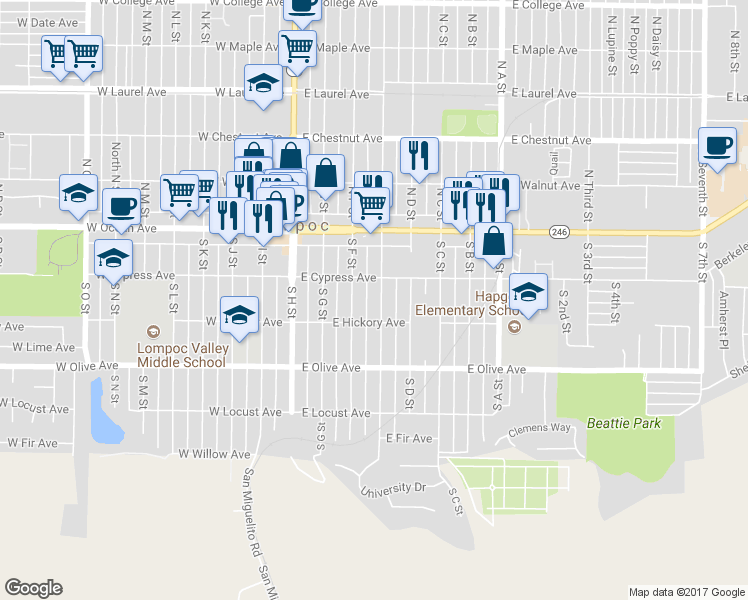 map of restaurants, bars, coffee shops, grocery stores, and more near 223 South E Street in Lompoc