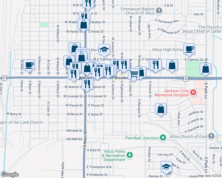 map of restaurants, bars, coffee shops, grocery stores, and more near 320 East Walnut Street in Altus