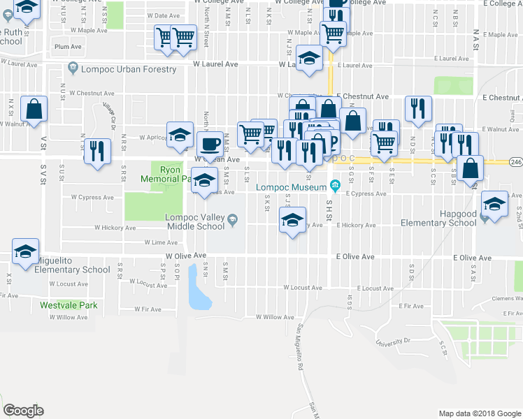 map of restaurants, bars, coffee shops, grocery stores, and more near 223 S K St in Lompoc