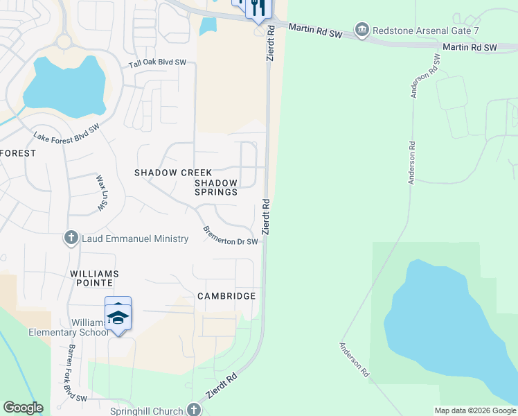 map of restaurants, bars, coffee shops, grocery stores, and more near 112 Tallmadge Court Southwest in Huntsville