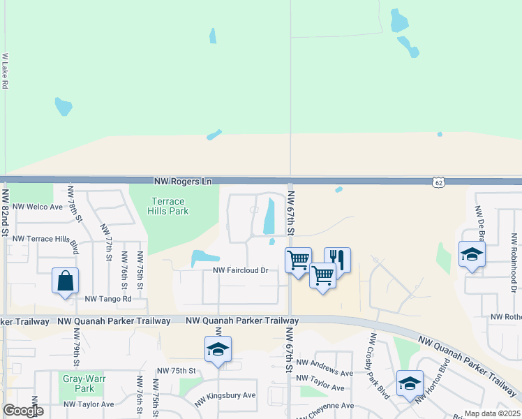 map of restaurants, bars, coffee shops, grocery stores, and more near 2605 Northwest Lake Ridge Drive in Lawton