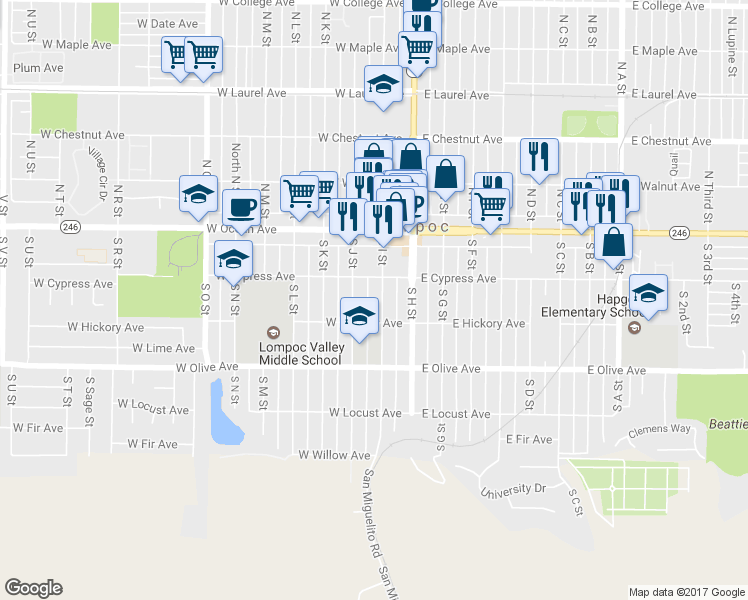 map of restaurants, bars, coffee shops, grocery stores, and more near 219 South I Street in Lompoc