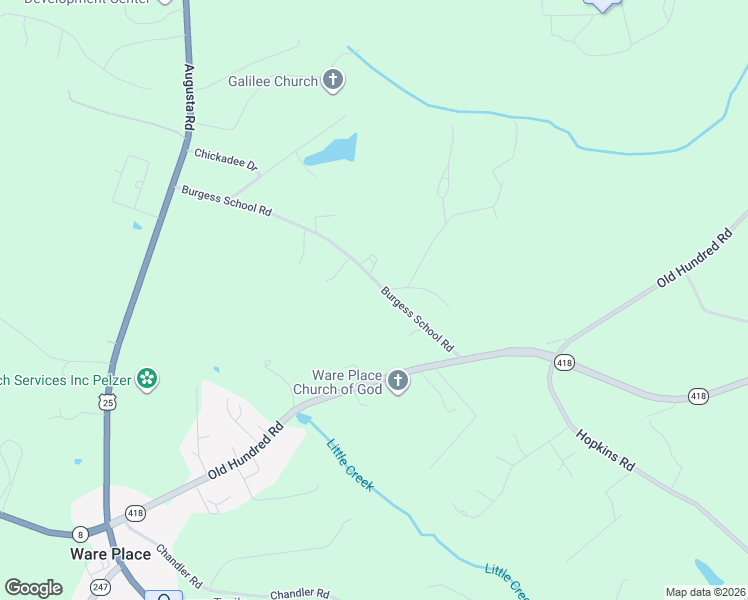 map of restaurants, bars, coffee shops, grocery stores, and more near 300 Burgess School Road in Pelzer