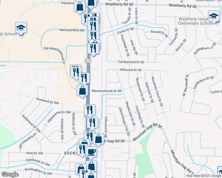 map of restaurants, bars, coffee shops, grocery stores, and more near 302 Meadowbrook Drive Southeast in Huntsville