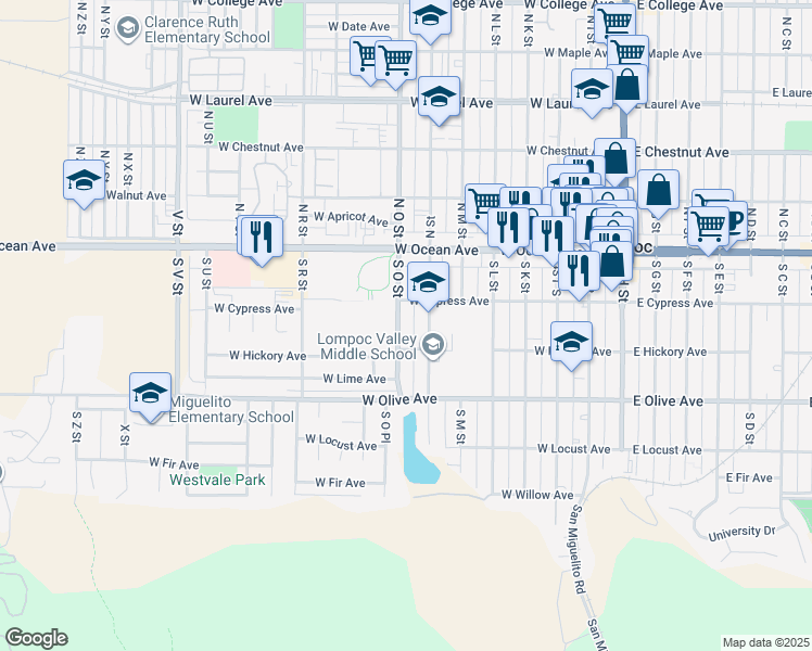 map of restaurants, bars, coffee shops, grocery stores, and more near 222 South O Street in Lompoc