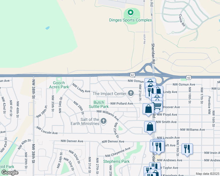 map of restaurants, bars, coffee shops, grocery stores, and more near 2814 Northwest 23rd Street in Lawton