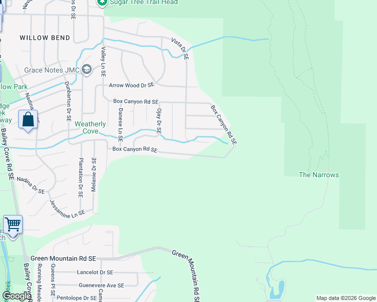 map of restaurants, bars, coffee shops, grocery stores, and more near 3014 Box Canyon Road Southeast in Huntsville