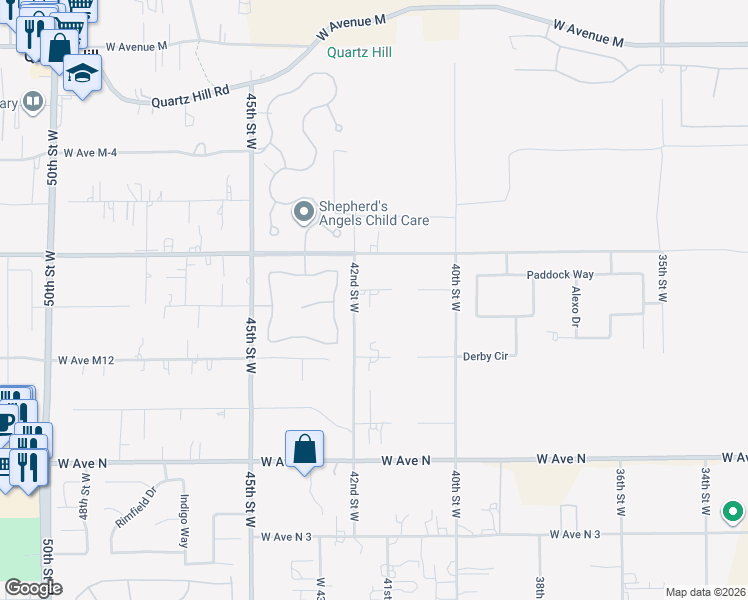 map of restaurants, bars, coffee shops, grocery stores, and more near 4140 Paddock Way in Quartz Hill