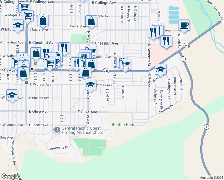 map of restaurants, bars, coffee shops, grocery stores, and more near 209 South 3rd Street in Lompoc