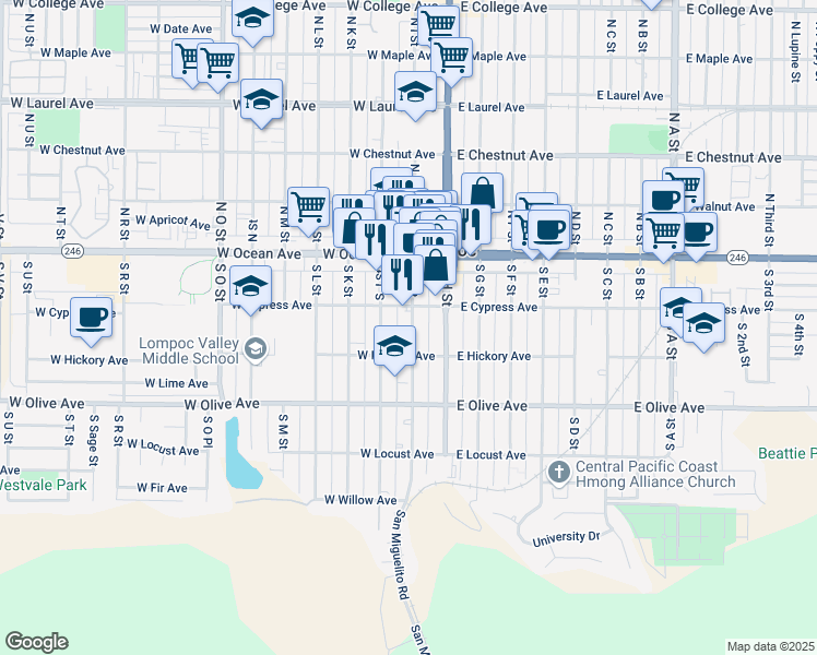 map of restaurants, bars, coffee shops, grocery stores, and more near 217 South I Street in Lompoc