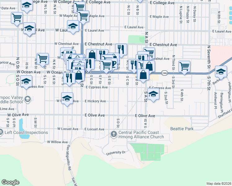 map of restaurants, bars, coffee shops, grocery stores, and more near 225 South D Street in Lompoc