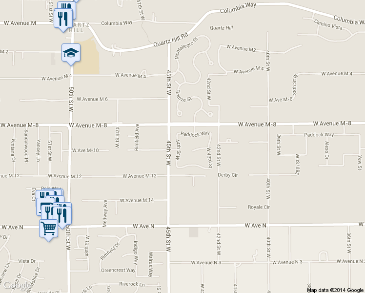 map of restaurants, bars, coffee shops, grocery stores, and more near 41510 44th Street West in Quartz Hill