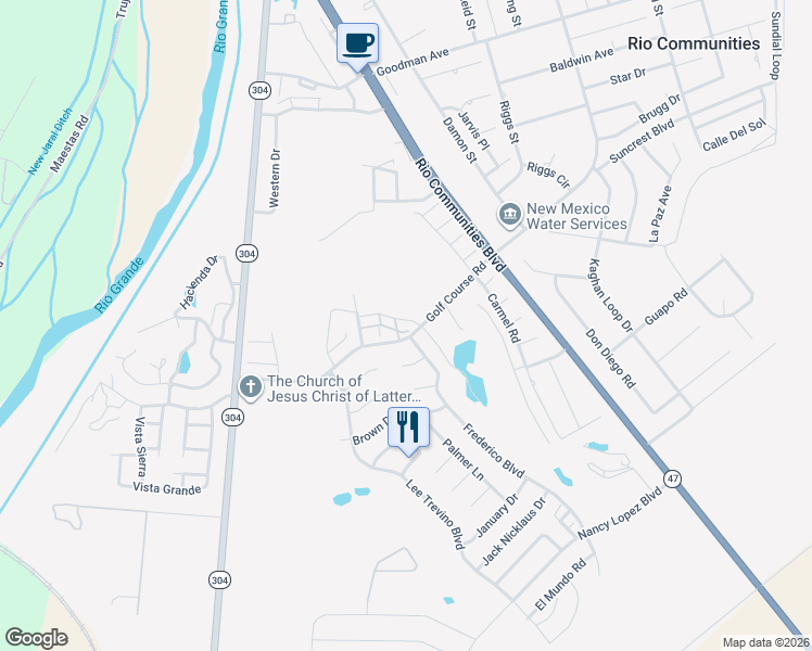 map of restaurants, bars, coffee shops, grocery stores, and more near 207 Greenspoint Lane in Belen