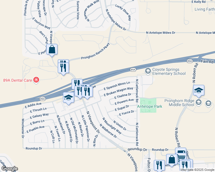 map of restaurants, bars, coffee shops, grocery stores, and more near 7700 East Spanish Moss Lane in Prescott Valley