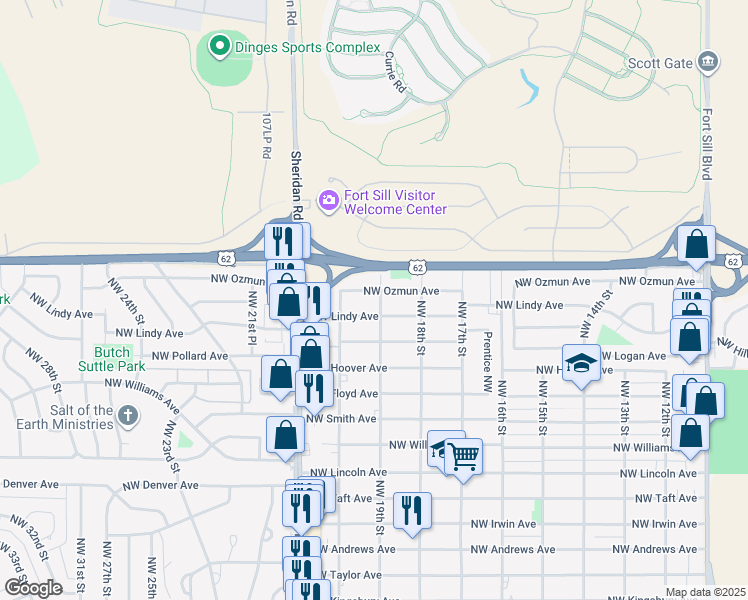 map of restaurants, bars, coffee shops, grocery stores, and more near 1909 Northwest Lindy Avenue in Lawton