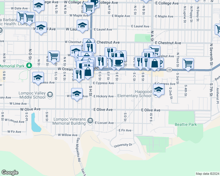 map of restaurants, bars, coffee shops, grocery stores, and more near 223 South E Street in Lompoc