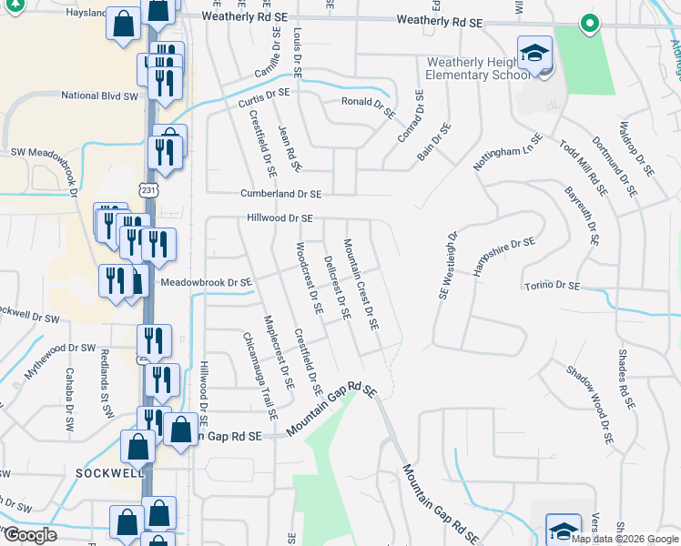 map of restaurants, bars, coffee shops, grocery stores, and more near 11300 Mountain Crest Drive Southeast in Huntsville