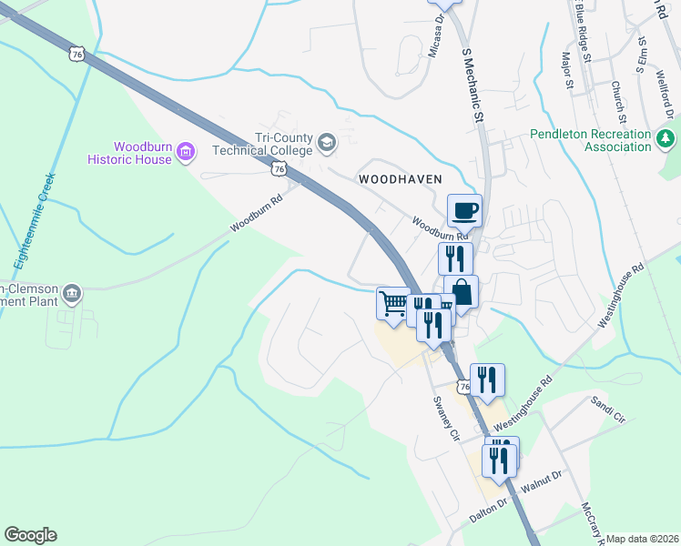 map of restaurants, bars, coffee shops, grocery stores, and more near 106 Hillandale Road in Pendleton