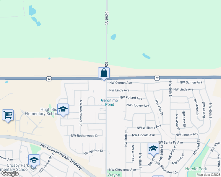 map of restaurants, bars, coffee shops, grocery stores, and more near 4926 Northwest Lindy Avenue in Lawton