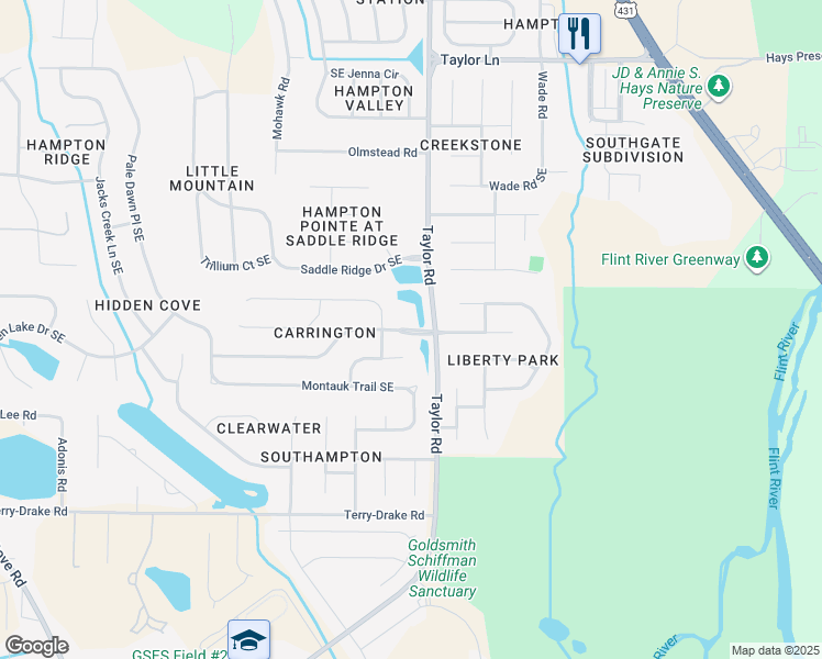 map of restaurants, bars, coffee shops, grocery stores, and more near 4821 Carrington Boulevard Southeast in Owens Cross Roads