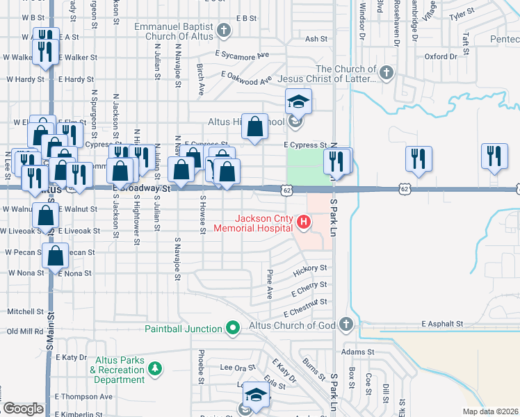 map of restaurants, bars, coffee shops, grocery stores, and more near 1020 East Walnut Street in Altus