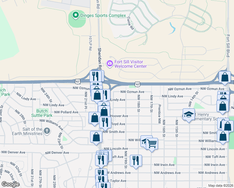 map of restaurants, bars, coffee shops, grocery stores, and more near 1909 Northwest Lindy Avenue in Lawton