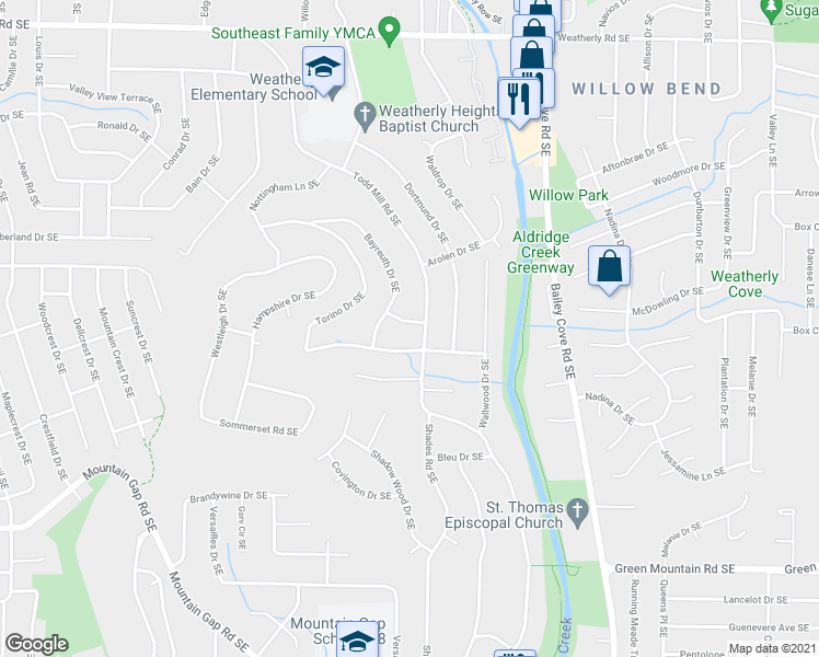 map of restaurants, bars, coffee shops, grocery stores, and more near 10004 Colmar Road Southeast in Huntsville