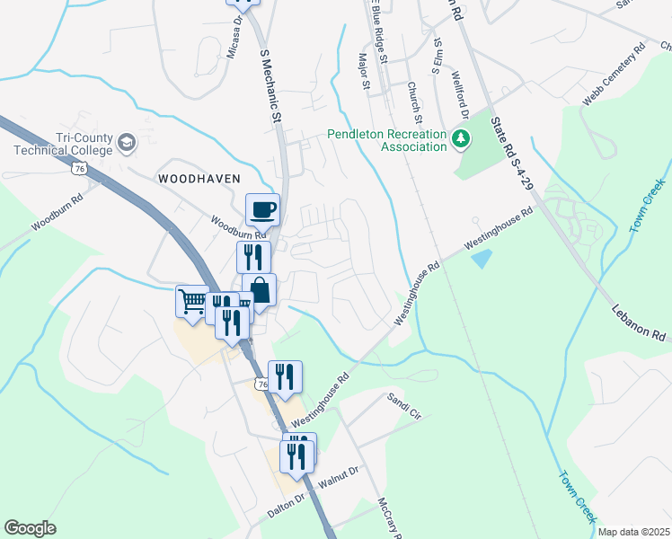 map of restaurants, bars, coffee shops, grocery stores, and more near 321 Sliding Rock Drive in Pendleton