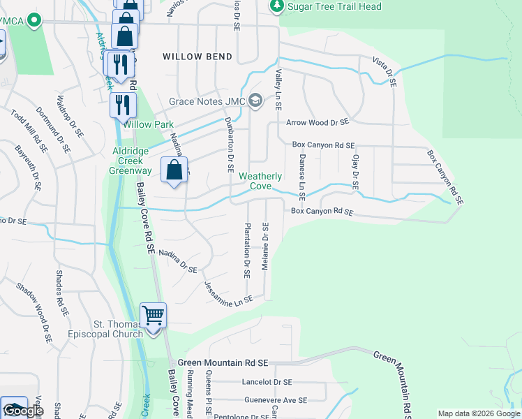 map of restaurants, bars, coffee shops, grocery stores, and more near 10204 Melanie Drive Southeast in Huntsville