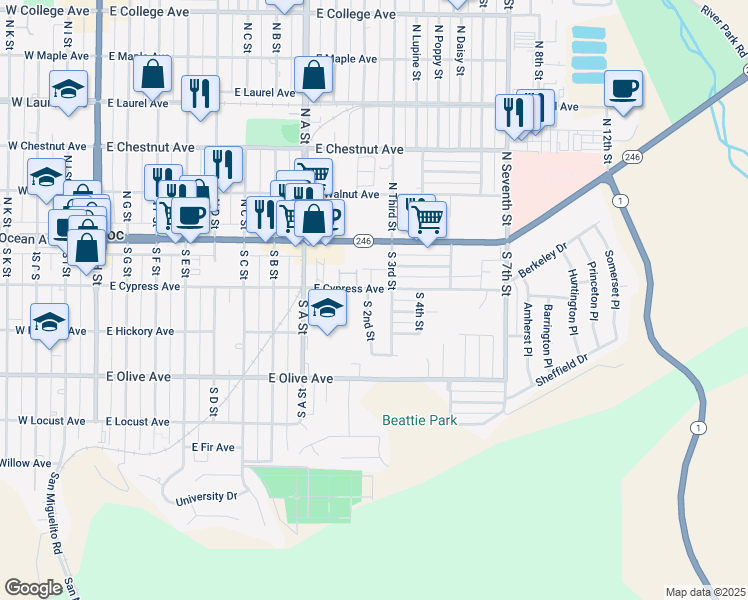 map of restaurants, bars, coffee shops, grocery stores, and more near 213 South 3rd Street in Lompoc