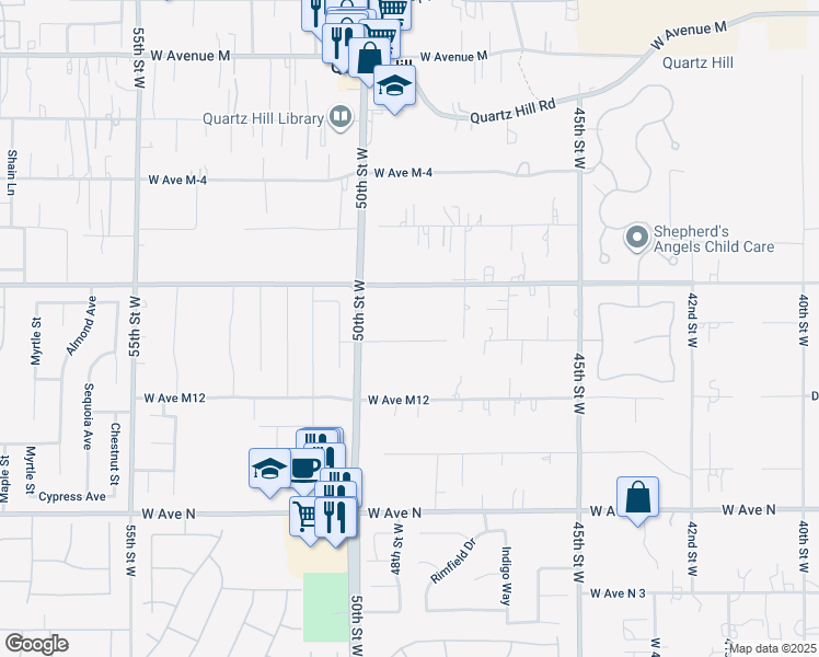 map of restaurants, bars, coffee shops, grocery stores, and more near 4803 West Avenue M-10 in Lancaster