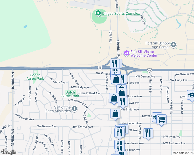 map of restaurants, bars, coffee shops, grocery stores, and more near 2135 Northwest Carroll Avenue in Lawton