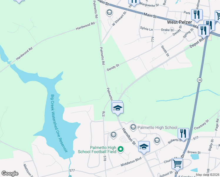 map of restaurants, bars, coffee shops, grocery stores, and more near 313 Palmetto Road in Pelzer